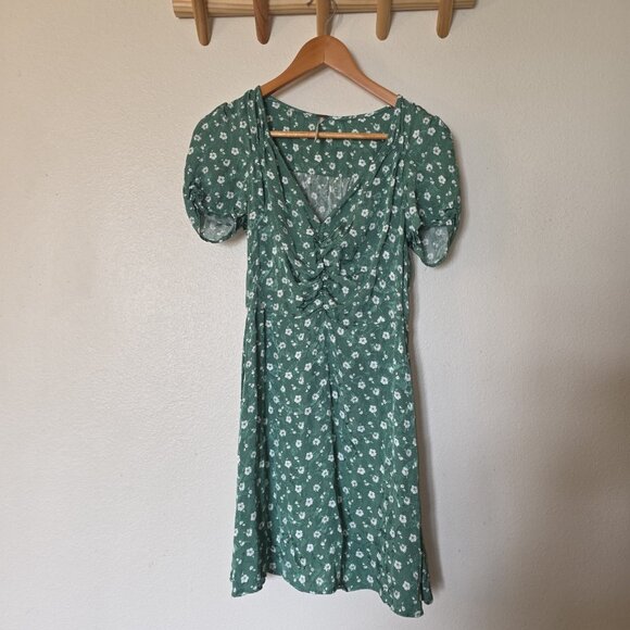 Free People Bond Street Mini Dress Green Floral Ruched Puff Sleeve Size 4 - Picture 4 of 16